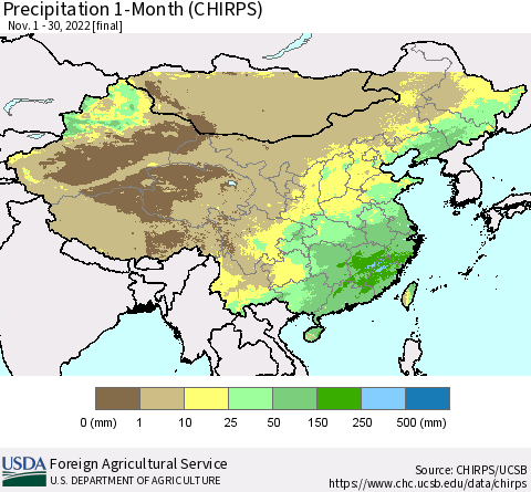China, Mongolia and Taiwan Precipitation 1-Month (CHIRPS) Thematic Map For 11/1/2022 - 11/30/2022