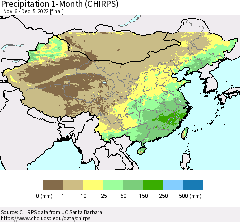 China, Mongolia and Taiwan Precipitation 1-Month (CHIRPS) Thematic Map For 11/6/2022 - 12/5/2022
