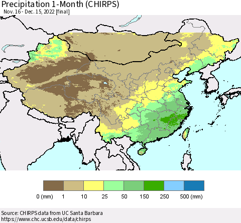 China, Mongolia and Taiwan Precipitation 1-Month (CHIRPS) Thematic Map For 11/16/2022 - 12/15/2022