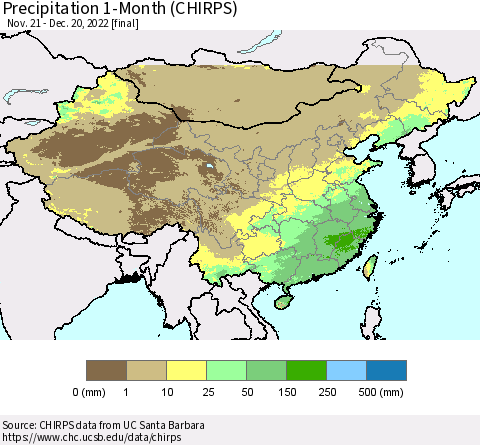 China, Mongolia and Taiwan Precipitation 1-Month (CHIRPS) Thematic Map For 11/21/2022 - 12/20/2022