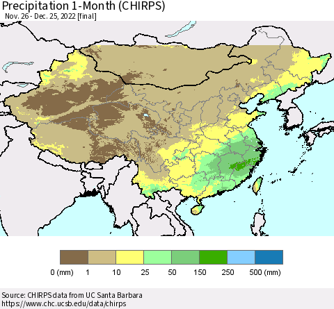 China, Mongolia and Taiwan Precipitation 1-Month (CHIRPS) Thematic Map For 11/26/2022 - 12/25/2022