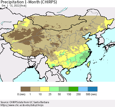 China, Mongolia and Taiwan Precipitation 1-Month (CHIRPS) Thematic Map For 12/1/2022 - 12/31/2022