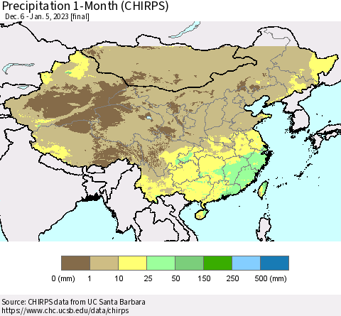 China, Mongolia and Taiwan Precipitation 1-Month (CHIRPS) Thematic Map For 12/6/2022 - 1/5/2023