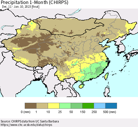 China, Mongolia and Taiwan Precipitation 1-Month (CHIRPS) Thematic Map For 12/11/2022 - 1/10/2023