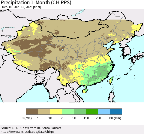 China, Mongolia and Taiwan Precipitation 1-Month (CHIRPS) Thematic Map For 12/16/2022 - 1/15/2023