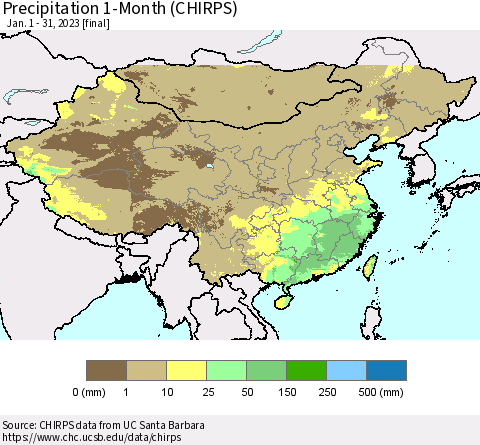 China, Mongolia and Taiwan Precipitation 1-Month (CHIRPS) Thematic Map For 1/1/2023 - 1/31/2023