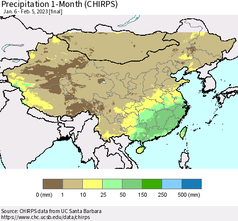 China, Mongolia and Taiwan Precipitation 1-Month (CHIRPS) Thematic Map For 1/6/2023 - 2/5/2023