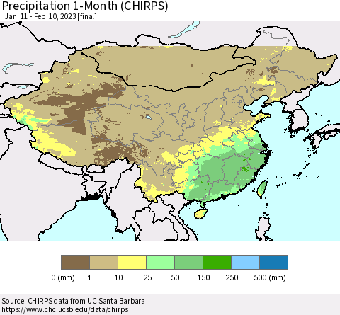 China, Mongolia and Taiwan Precipitation 1-Month (CHIRPS) Thematic Map For 1/11/2023 - 2/10/2023