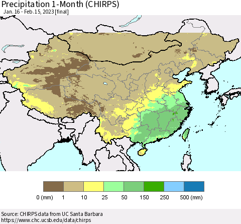 China, Mongolia and Taiwan Precipitation 1-Month (CHIRPS) Thematic Map For 1/16/2023 - 2/15/2023