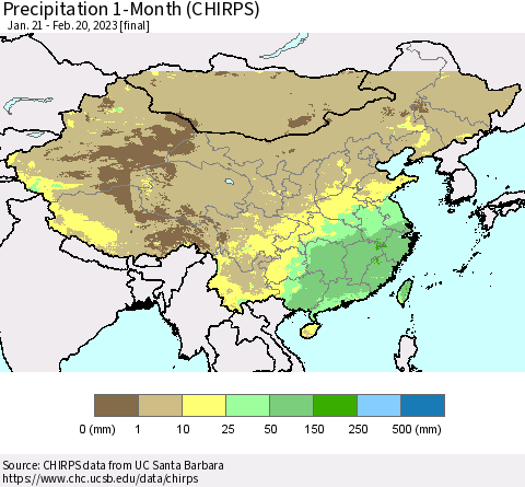 China, Mongolia and Taiwan Precipitation 1-Month (CHIRPS) Thematic Map For 1/21/2023 - 2/20/2023