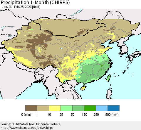 China, Mongolia and Taiwan Precipitation 1-Month (CHIRPS) Thematic Map For 1/26/2023 - 2/25/2023