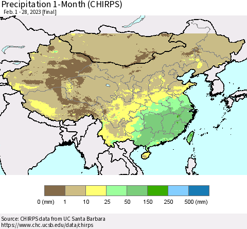 China, Mongolia and Taiwan Precipitation 1-Month (CHIRPS) Thematic Map For 2/1/2023 - 2/28/2023