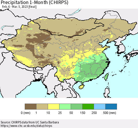 China, Mongolia and Taiwan Precipitation 1-Month (CHIRPS) Thematic Map For 2/6/2023 - 3/5/2023
