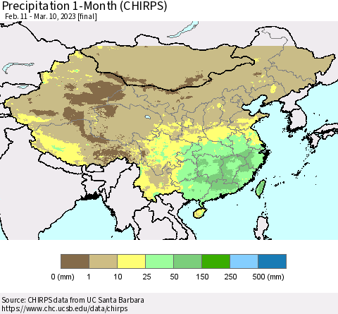 China, Mongolia and Taiwan Precipitation 1-Month (CHIRPS) Thematic Map For 2/11/2023 - 3/10/2023