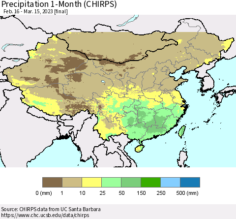 China, Mongolia and Taiwan Precipitation 1-Month (CHIRPS) Thematic Map For 2/16/2023 - 3/15/2023