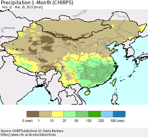 China, Mongolia and Taiwan Precipitation 1-Month (CHIRPS) Thematic Map For 2/21/2023 - 3/20/2023