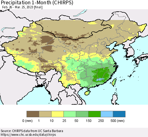 China, Mongolia and Taiwan Precipitation 1-Month (CHIRPS) Thematic Map For 2/26/2023 - 3/25/2023