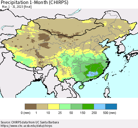 China, Mongolia and Taiwan Precipitation 1-Month (CHIRPS) Thematic Map For 3/1/2023 - 3/31/2023