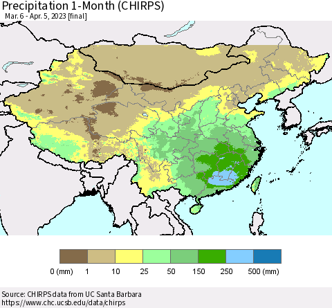 China, Mongolia and Taiwan Precipitation 1-Month (CHIRPS) Thematic Map For 3/6/2023 - 4/5/2023