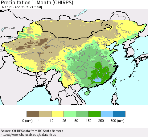China, Mongolia and Taiwan Precipitation 1-Month (CHIRPS) Thematic Map For 3/26/2023 - 4/25/2023