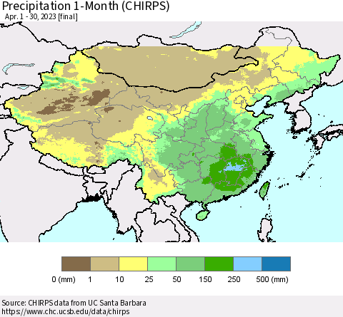 China, Mongolia and Taiwan Precipitation 1-Month (CHIRPS) Thematic Map For 4/1/2023 - 4/30/2023
