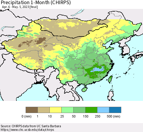 China, Mongolia and Taiwan Precipitation 1-Month (CHIRPS) Thematic Map For 4/6/2023 - 5/5/2023
