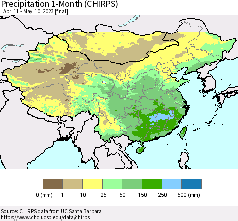 China, Mongolia and Taiwan Precipitation 1-Month (CHIRPS) Thematic Map For 4/11/2023 - 5/10/2023