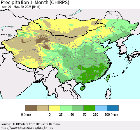 China, Mongolia and Taiwan Precipitation 1-Month (CHIRPS) Thematic Map For 4/21/2023 - 5/20/2023