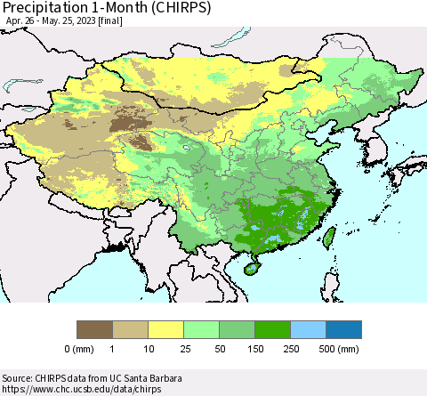 China, Mongolia and Taiwan Precipitation 1-Month (CHIRPS) Thematic Map For 4/26/2023 - 5/25/2023