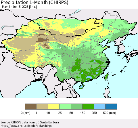 China, Mongolia and Taiwan Precipitation 1-Month (CHIRPS) Thematic Map For 5/6/2023 - 6/5/2023