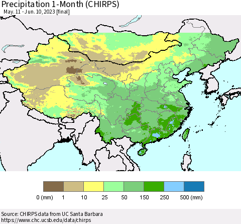 China, Mongolia and Taiwan Precipitation 1-Month (CHIRPS) Thematic Map For 5/11/2023 - 6/10/2023