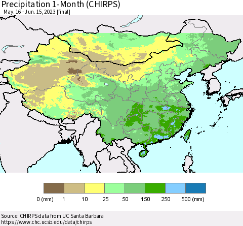 China, Mongolia and Taiwan Precipitation 1-Month (CHIRPS) Thematic Map For 5/16/2023 - 6/15/2023