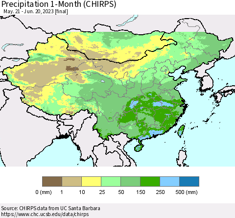 China, Mongolia and Taiwan Precipitation 1-Month (CHIRPS) Thematic Map For 5/21/2023 - 6/20/2023