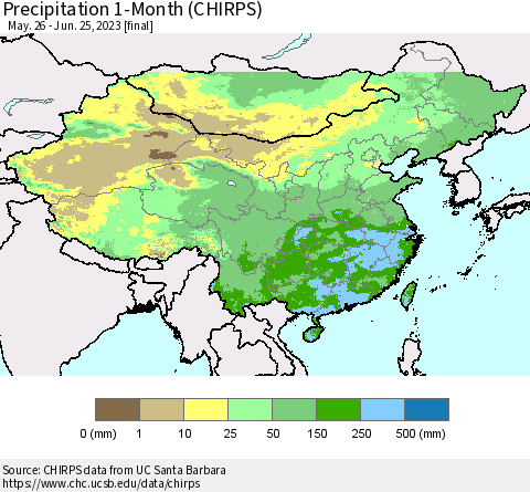 China, Mongolia and Taiwan Precipitation 1-Month (CHIRPS) Thematic Map For 5/26/2023 - 6/25/2023