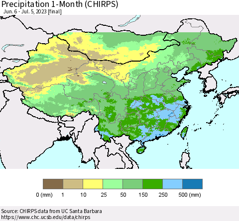 China, Mongolia and Taiwan Precipitation 1-Month (CHIRPS) Thematic Map For 6/6/2023 - 7/5/2023