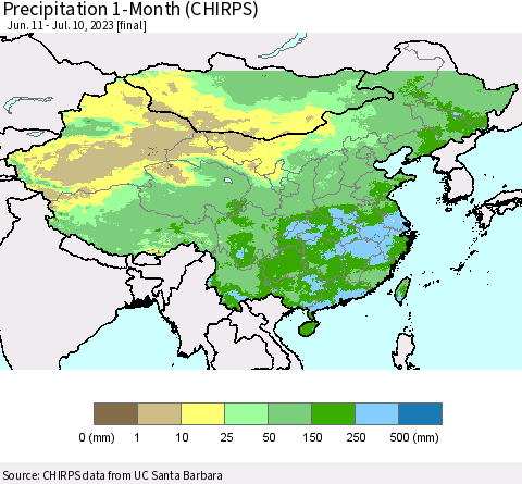 China, Mongolia and Taiwan Precipitation 1-Month (CHIRPS) Thematic Map For 6/11/2023 - 7/10/2023