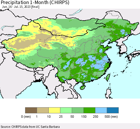 China, Mongolia and Taiwan Precipitation 1-Month (CHIRPS) Thematic Map For 6/16/2023 - 7/15/2023
