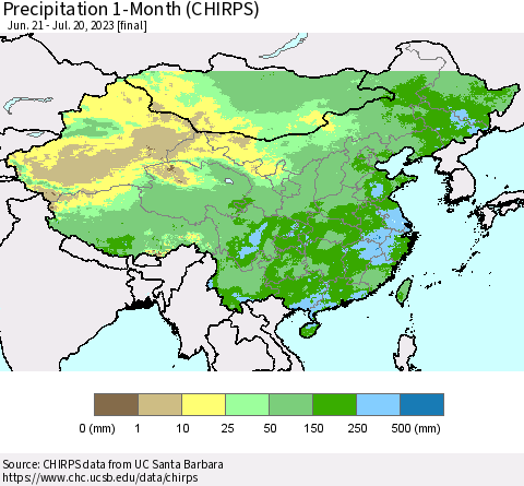 China, Mongolia and Taiwan Precipitation 1-Month (CHIRPS) Thematic Map For 6/21/2023 - 7/20/2023