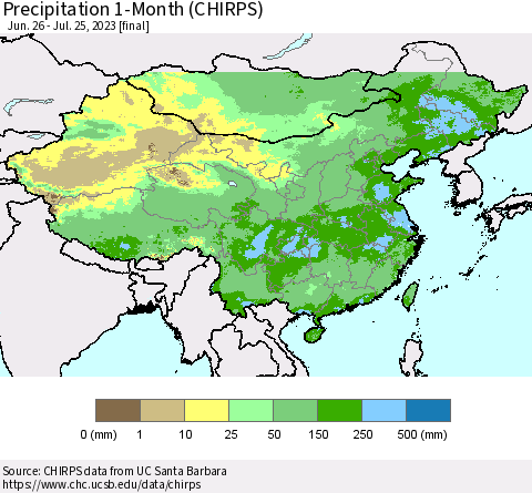 China, Mongolia and Taiwan Precipitation 1-Month (CHIRPS) Thematic Map For 6/26/2023 - 7/25/2023