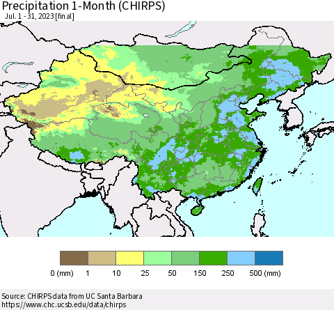 China, Mongolia and Taiwan Precipitation 1-Month (CHIRPS) Thematic Map For 7/1/2023 - 7/31/2023