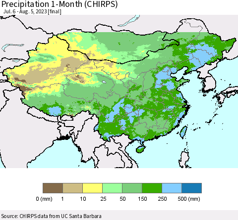 China, Mongolia and Taiwan Precipitation 1-Month (CHIRPS) Thematic Map For 7/6/2023 - 8/5/2023