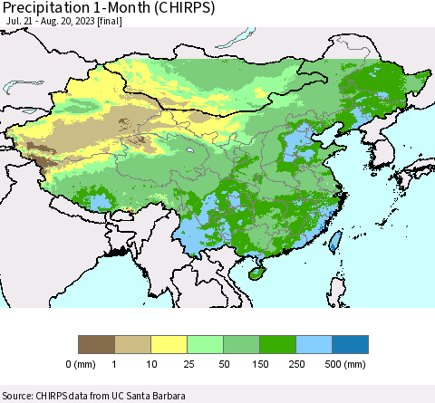China, Mongolia and Taiwan Precipitation 1-Month (CHIRPS) Thematic Map For 7/21/2023 - 8/20/2023