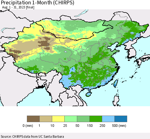 China, Mongolia and Taiwan Precipitation 1-Month (CHIRPS) Thematic Map For 8/1/2023 - 8/31/2023