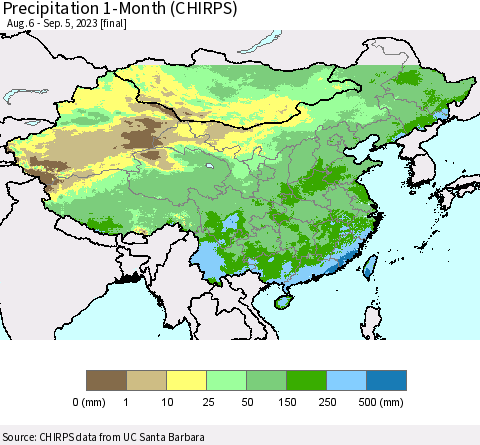 China, Mongolia and Taiwan Precipitation 1-Month (CHIRPS) Thematic Map For 8/6/2023 - 9/5/2023