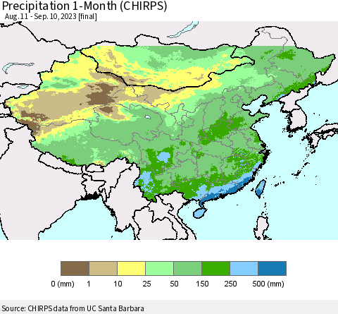 China, Mongolia and Taiwan Precipitation 1-Month (CHIRPS) Thematic Map For 8/11/2023 - 9/10/2023