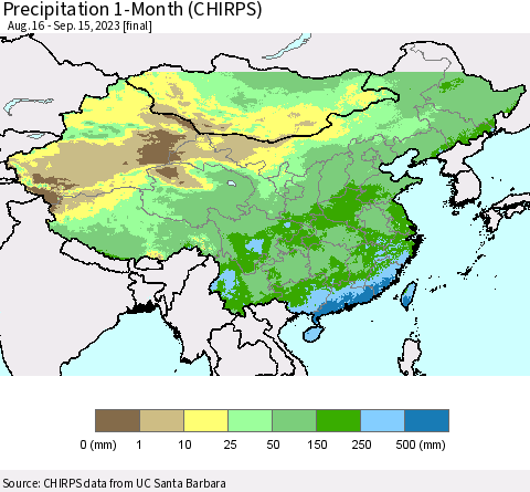 China, Mongolia and Taiwan Precipitation 1-Month (CHIRPS) Thematic Map For 8/16/2023 - 9/15/2023