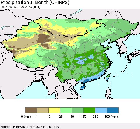 China, Mongolia and Taiwan Precipitation 1-Month (CHIRPS) Thematic Map For 8/26/2023 - 9/25/2023
