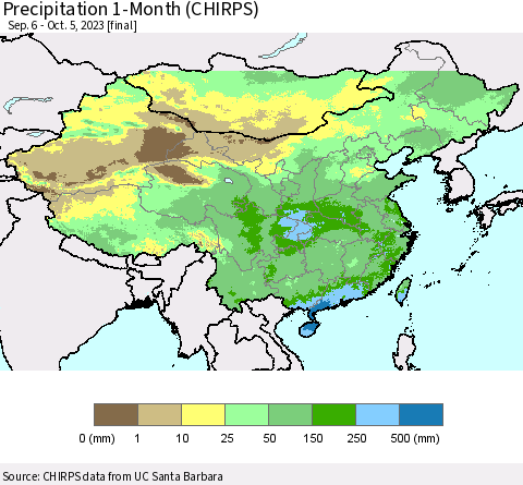 China, Mongolia and Taiwan Precipitation 1-Month (CHIRPS) Thematic Map For 9/6/2023 - 10/5/2023