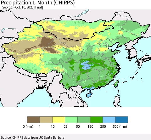 China, Mongolia and Taiwan Precipitation 1-Month (CHIRPS) Thematic Map For 9/11/2023 - 10/10/2023