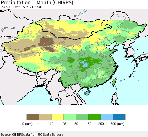 China, Mongolia and Taiwan Precipitation 1-Month (CHIRPS) Thematic Map For 9/16/2023 - 10/15/2023